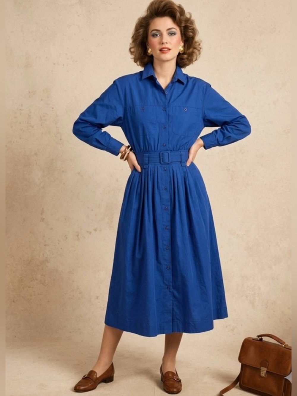 Vintage Talbots blue button-down pleated cotton dress. Size 8.